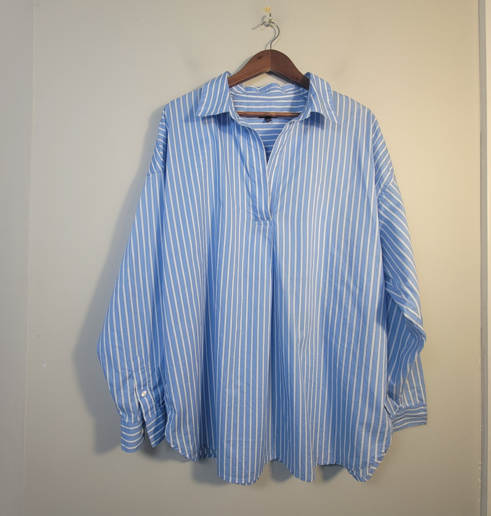 Talbots 1X Long Sleeve Popover Striped Cotton Top Blouse Blue